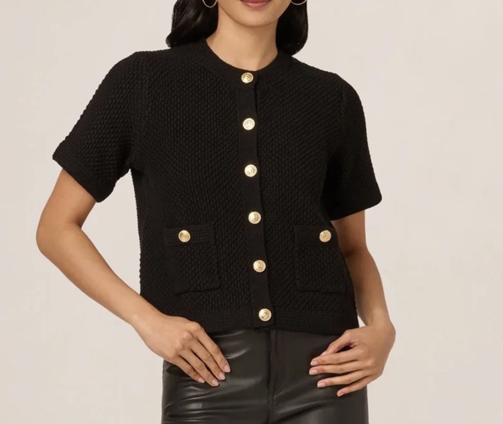 Adrianna Papell Cardigan Sweater Womens Large Black Cotton Short Sleeve Knit